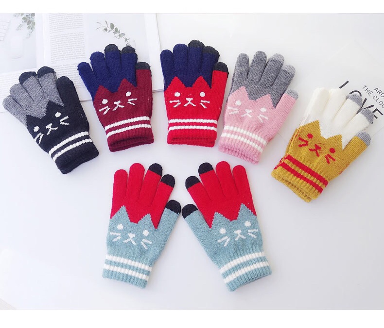Korean cute woolen warm gloves for girls with fleece five-finger cycling knitted covers for students to keep warm in winter undefined