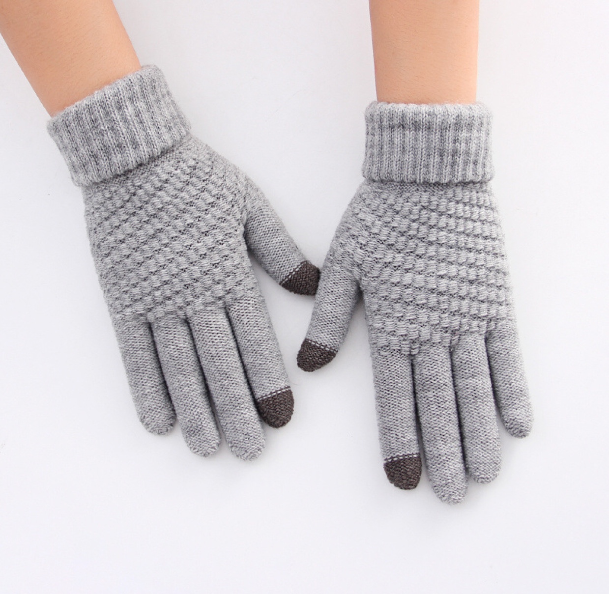 Korean version of cute student couple gloves, autumn and winter touch screen thickened warm fleece knitted five-fingered woolen gloves, student mobile phone playing and cycling gloves Item Picture