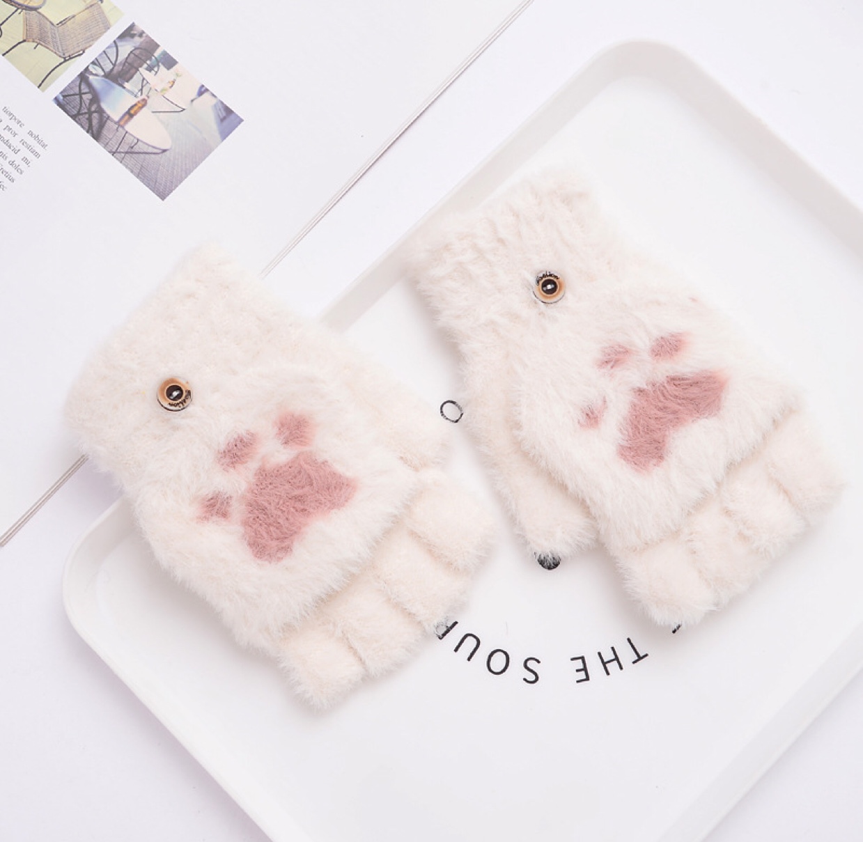 New style of gloves: Cute cat paw gloves for girls, winter flip cover, half-finger dual-purpose warmth, exposed fingers, thickened bear paw gloves for students Specification image
