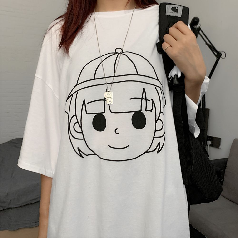 5895-P38 original in-stock summer new short-sleeved class uniform simple Sketch couple style expression head Print T-shirt detail image 8