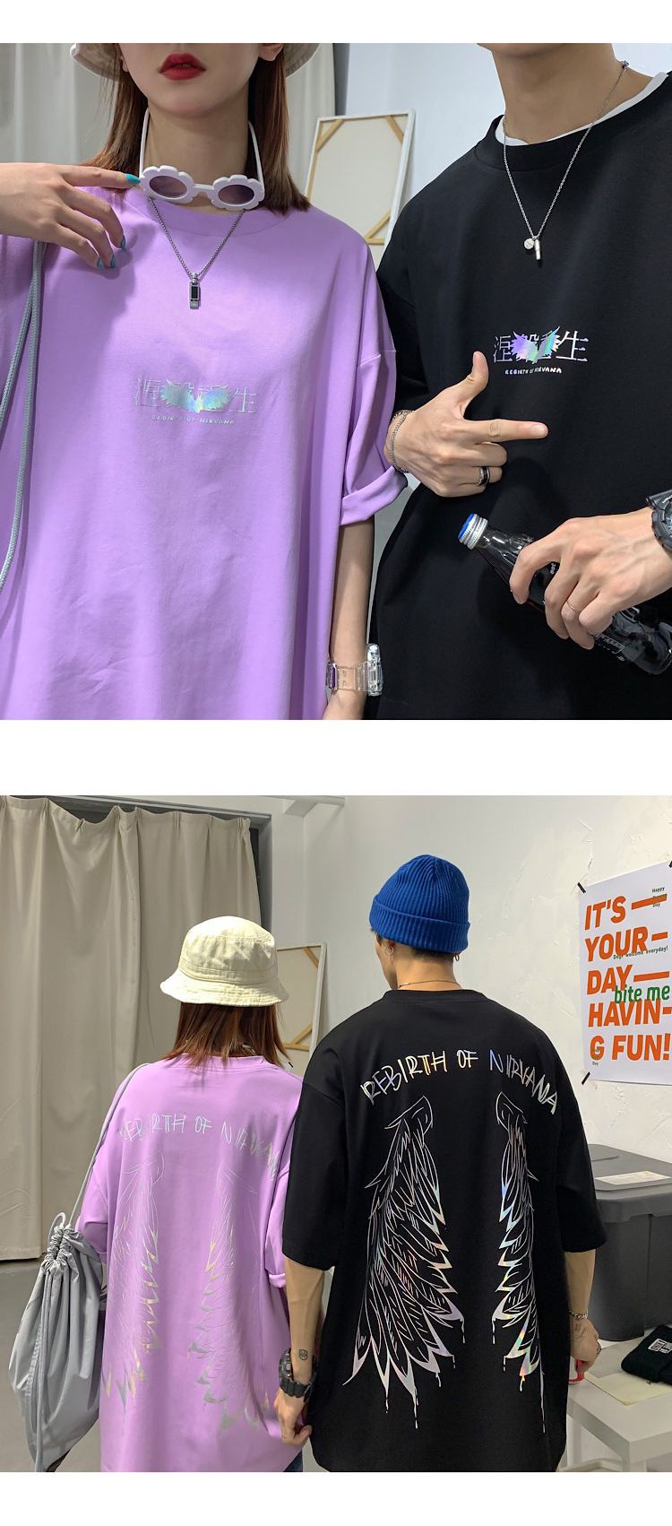 The main promotion is the summer couple's wear: Rebirth with seven-color gilded couple short-sleeved T-shirt H525 P45 for men detail image 6