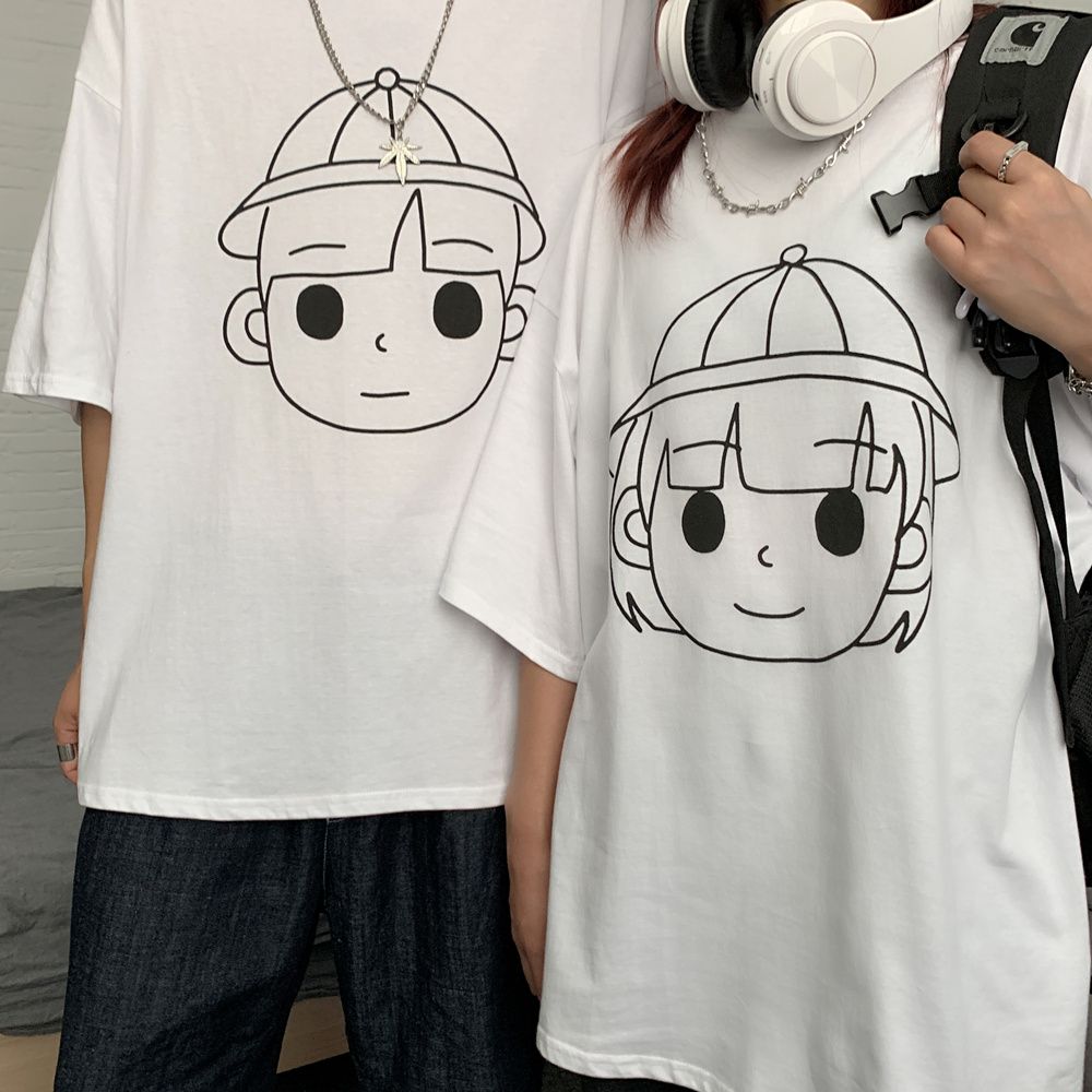 5895-P38 original in-stock summer new short-sleeved class uniform simple Sketch couple style expression head Print T-shirt detail image 3