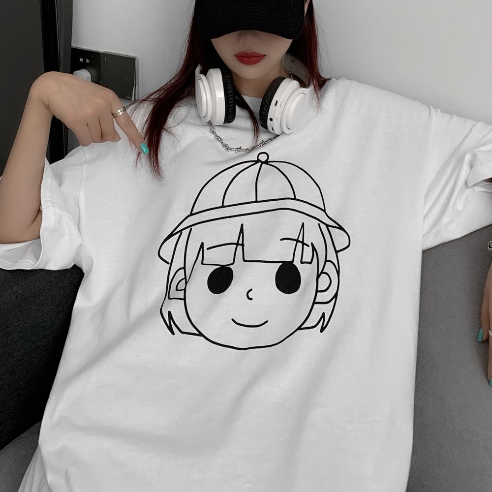 5895-P38 original in-stock summer new short-sleeved class uniform simple Sketch couple style expression head Print T-shirt detail image 6