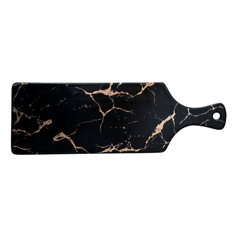 A modern and fashionable Nordic-style marble-patterned gold matte handled pastry pizza plate details Picture