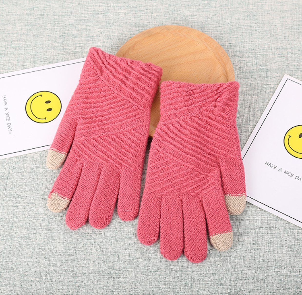 Korean version winter women's touch screen gloves, thickened and fleece twill student warm knitted woolen solid color cute online cycling gloves Item Picture