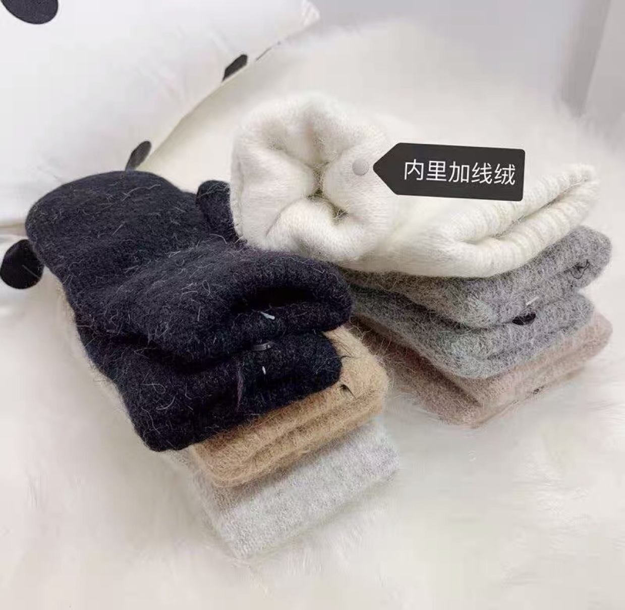 Winter new solid color one-finger fleece thickened cycling gloves for couples, winter women's cold-proof and warm knitted Specification image