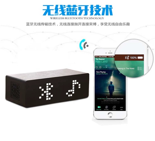 LED木头时钟蓝牙音箱触屏静音声控音响温度木质小钢炮电子闹钟可输入英文字母详情图6
