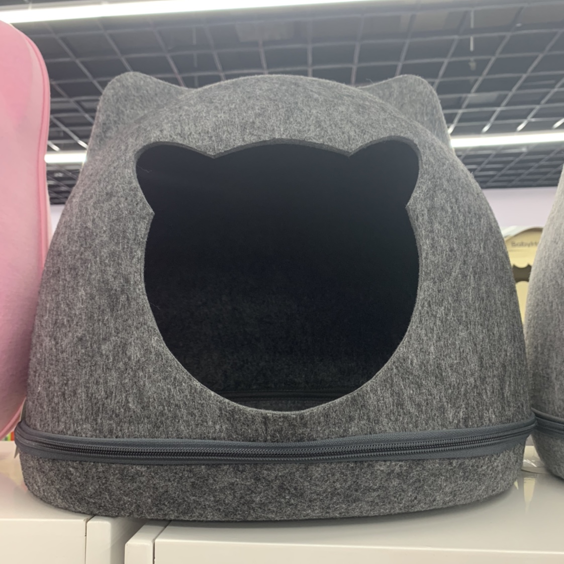 Black and grey cat-shaped open pet bed