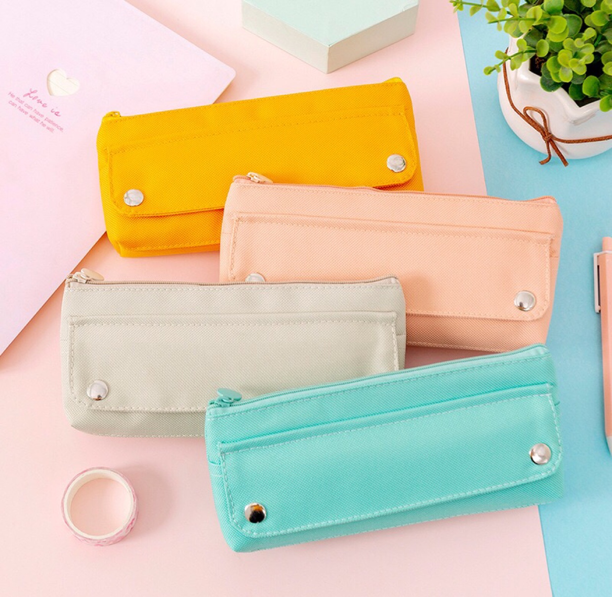 新款高弹牛津布纯色笔袋 创意学生文具盒 环保简约倒梯铅笔盒