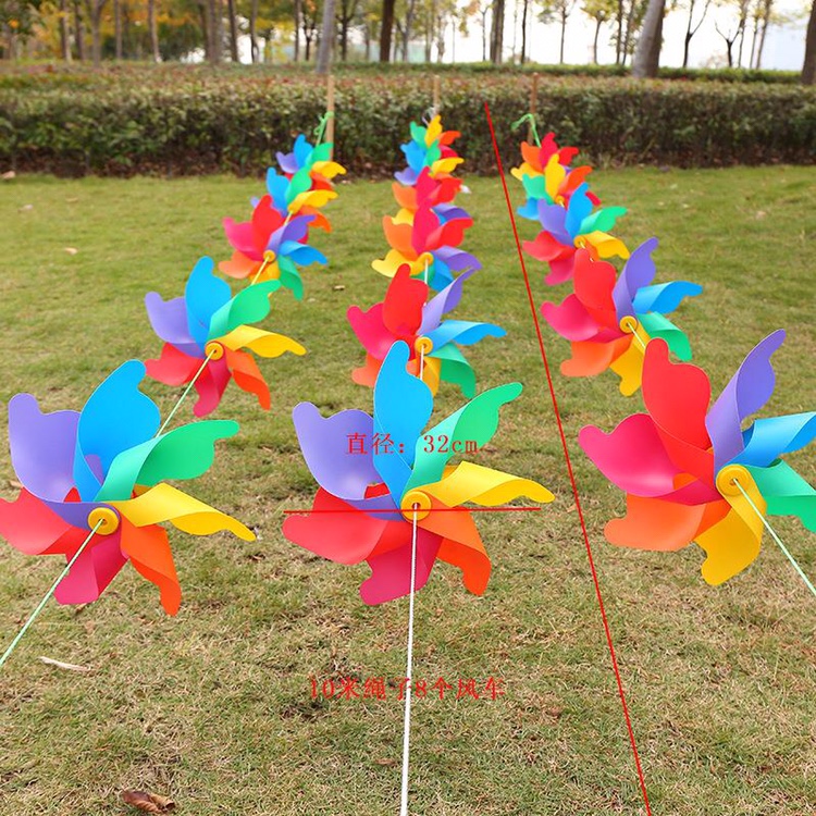 厂家直销风车玩具 花园田园装饰 婚礼摄影道具32M七彩串绳风车批发