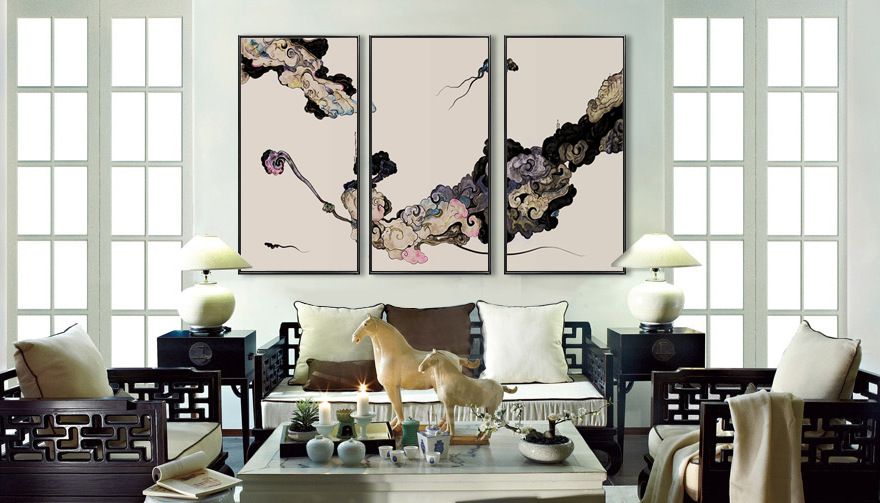 Xiangyun Ruyi New Chinese-style hanging paintings, living room Zen decorative paintings, sofa background wall three-panel paintings, factory direct sales and wholesale detail image 2