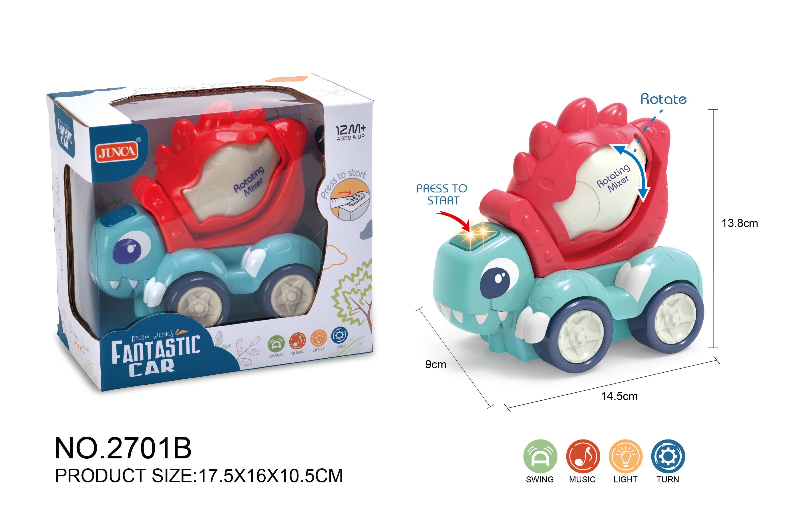 Electric dinosaur mixer truck with lights, music, sea fog and blue window box full figure