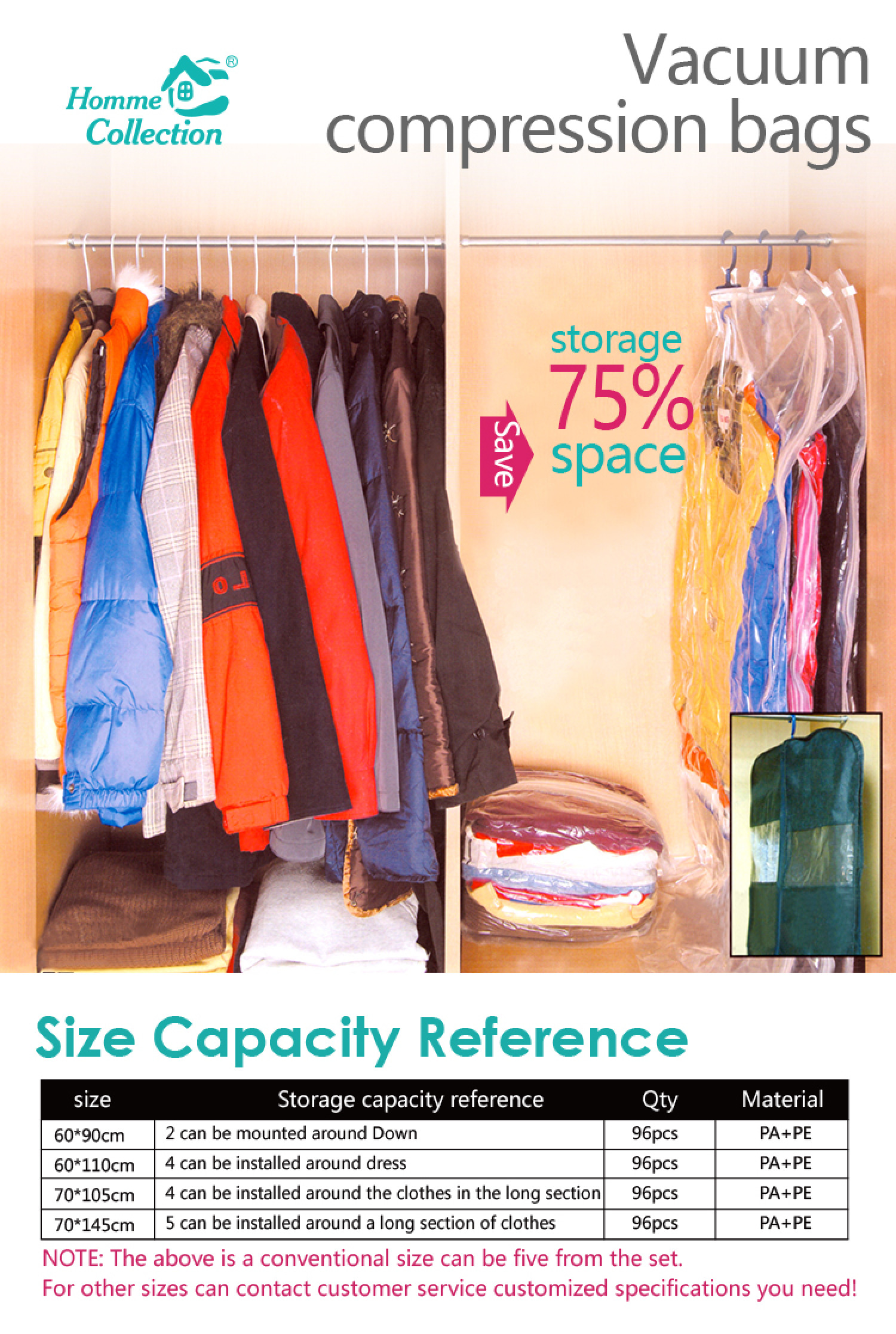 出口外贸衣服真空挂衣袋悬挂式真空压袋【70*145cm】详情图1