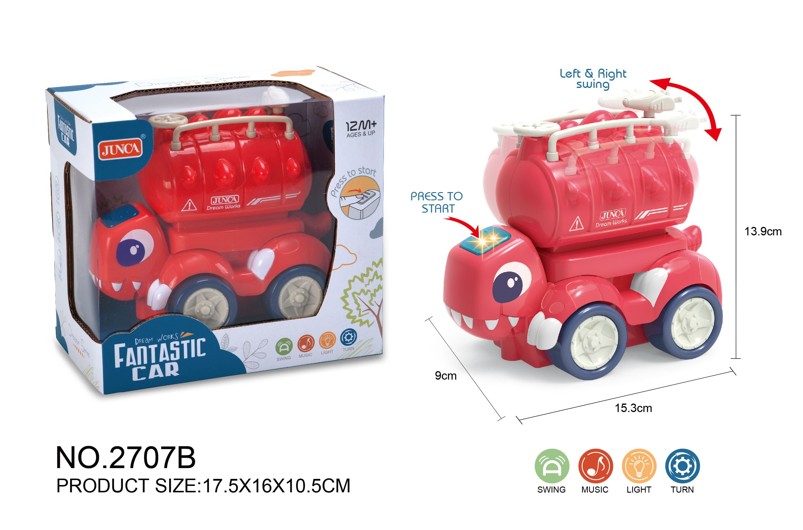 Electric dinosaur fire engine with lights, music and red window box full figure