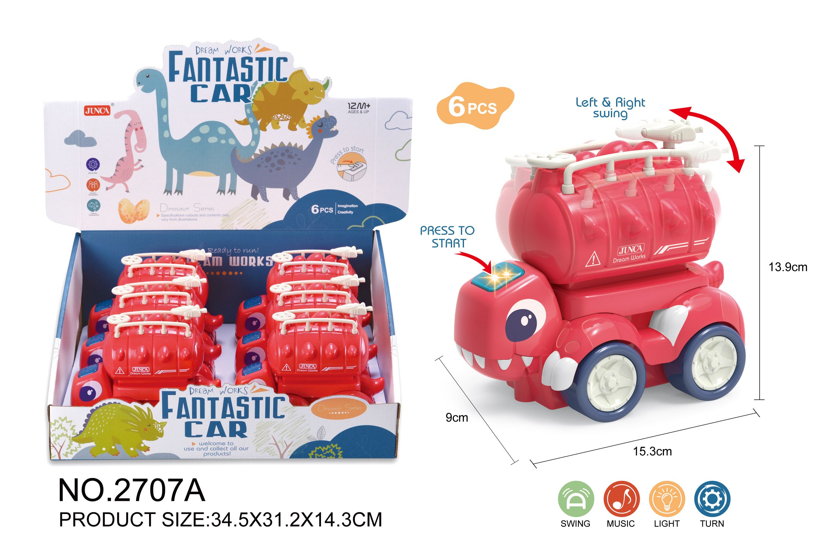 Six red display boxes of electric dinosaur fire engines with lights and music full figure