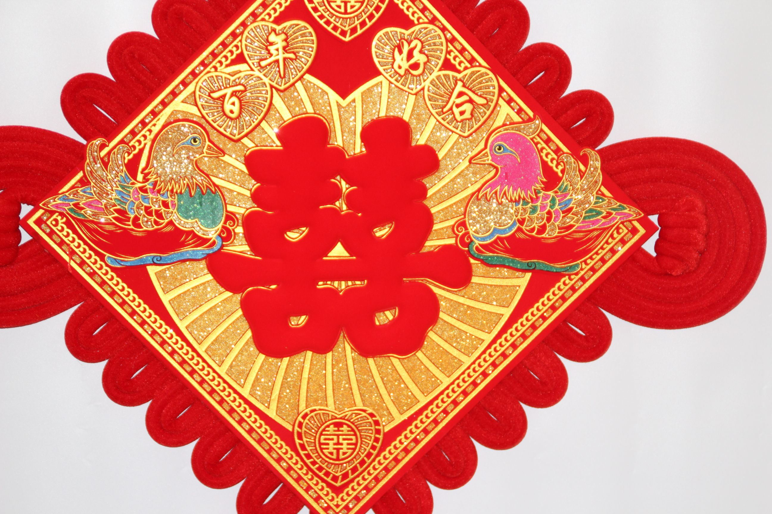 Top natural craft board, Mandarin ducks playing in water, peach heart gilded with auspicious characters, peach heart knot, Chinese knot, new hanging decoration, New Year goods, couplets