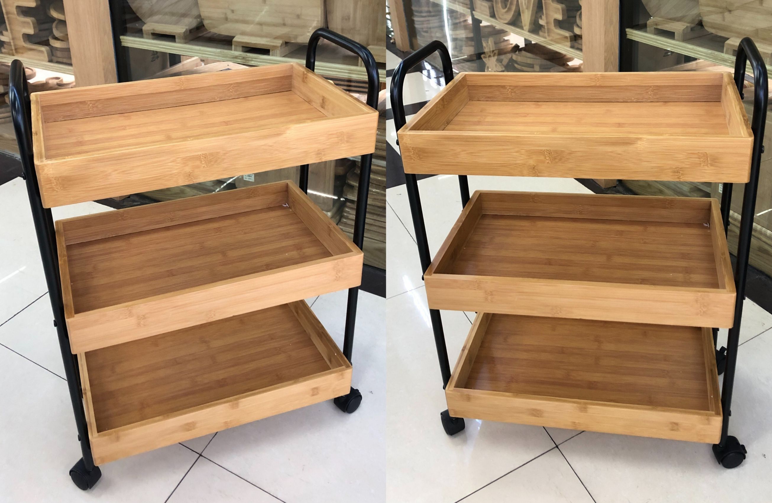 Three-storey bamboo dining car tea car shelf cart pulley shelf storage