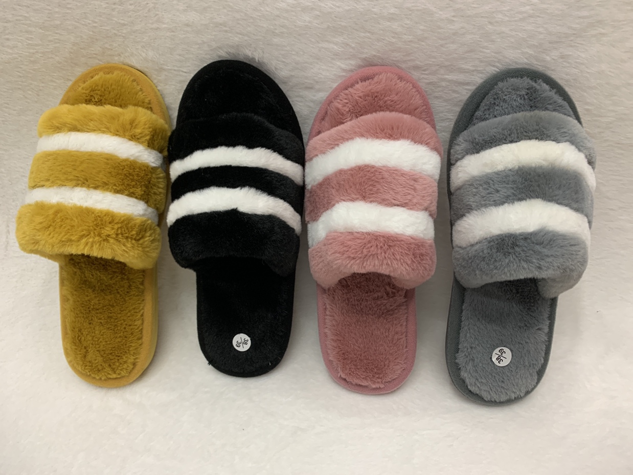 Autumn and winter new one character opens hair slipper female stripe color flat bottom household is indoor skid row undefined