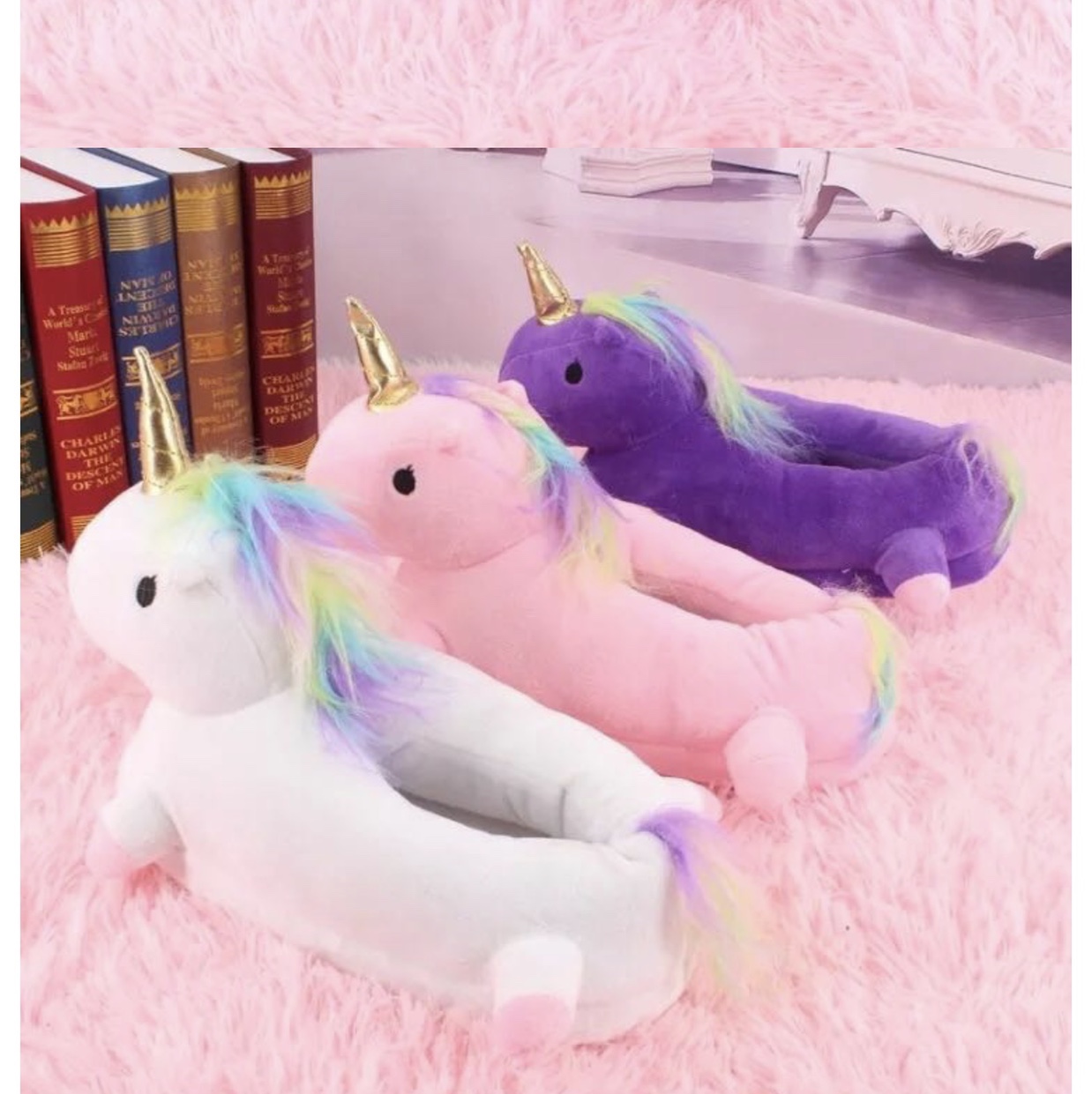 The new unicorn bag and cotton slippers are cute, cartoonish, large-sized, anti-slip, and girlish furry shoes for the bedroom details Picture