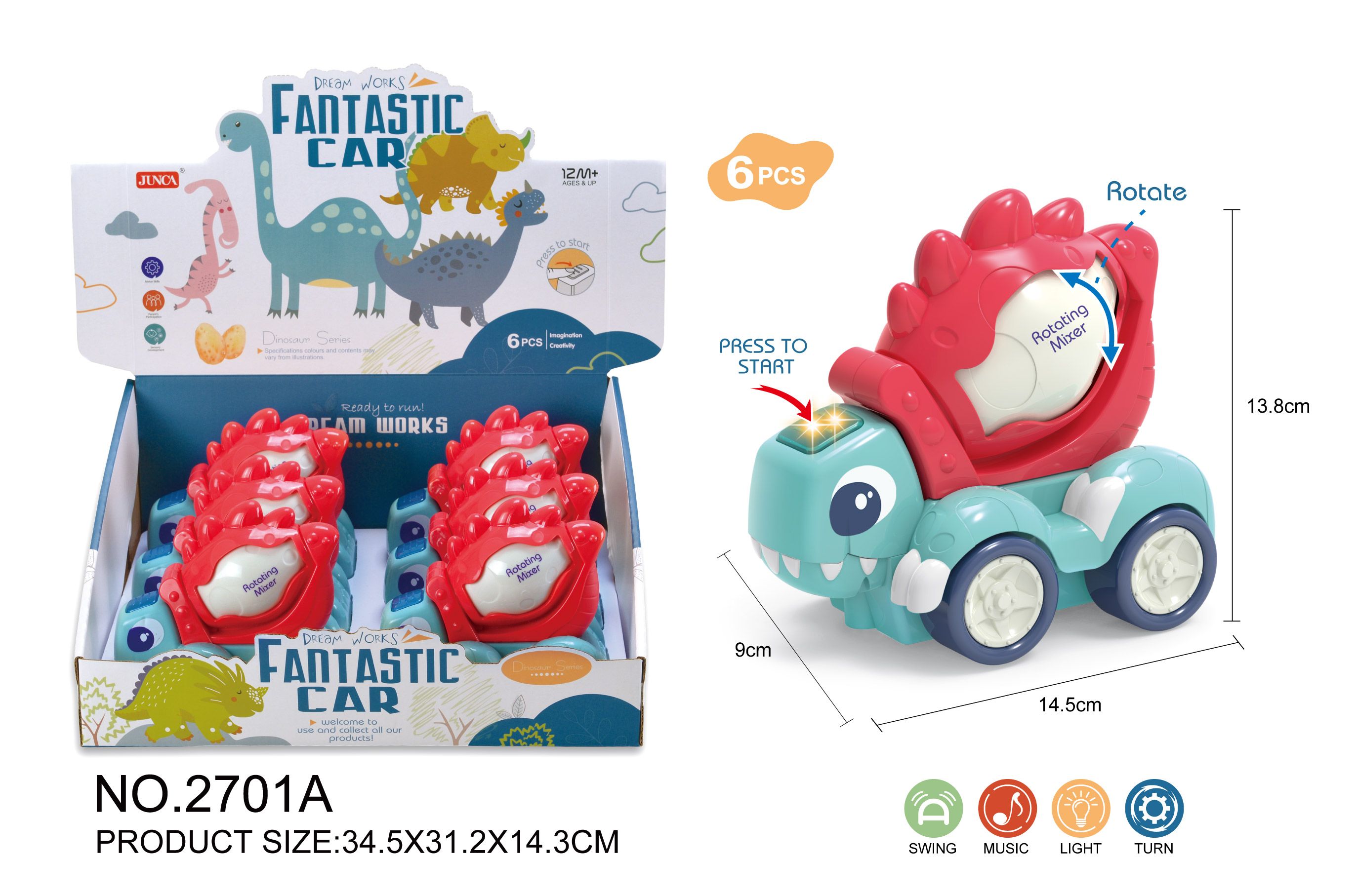 Electric dinosaur mixer truck with lights, music, sea fog blue 6 display boxes full figure