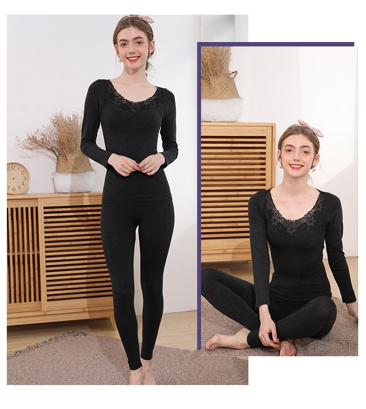 1969 Women's Embroidered Round Neck Underwear Long Johns Warm Set Ribbed Lock Wende Velvet Thermal Underwear Black details Picture
