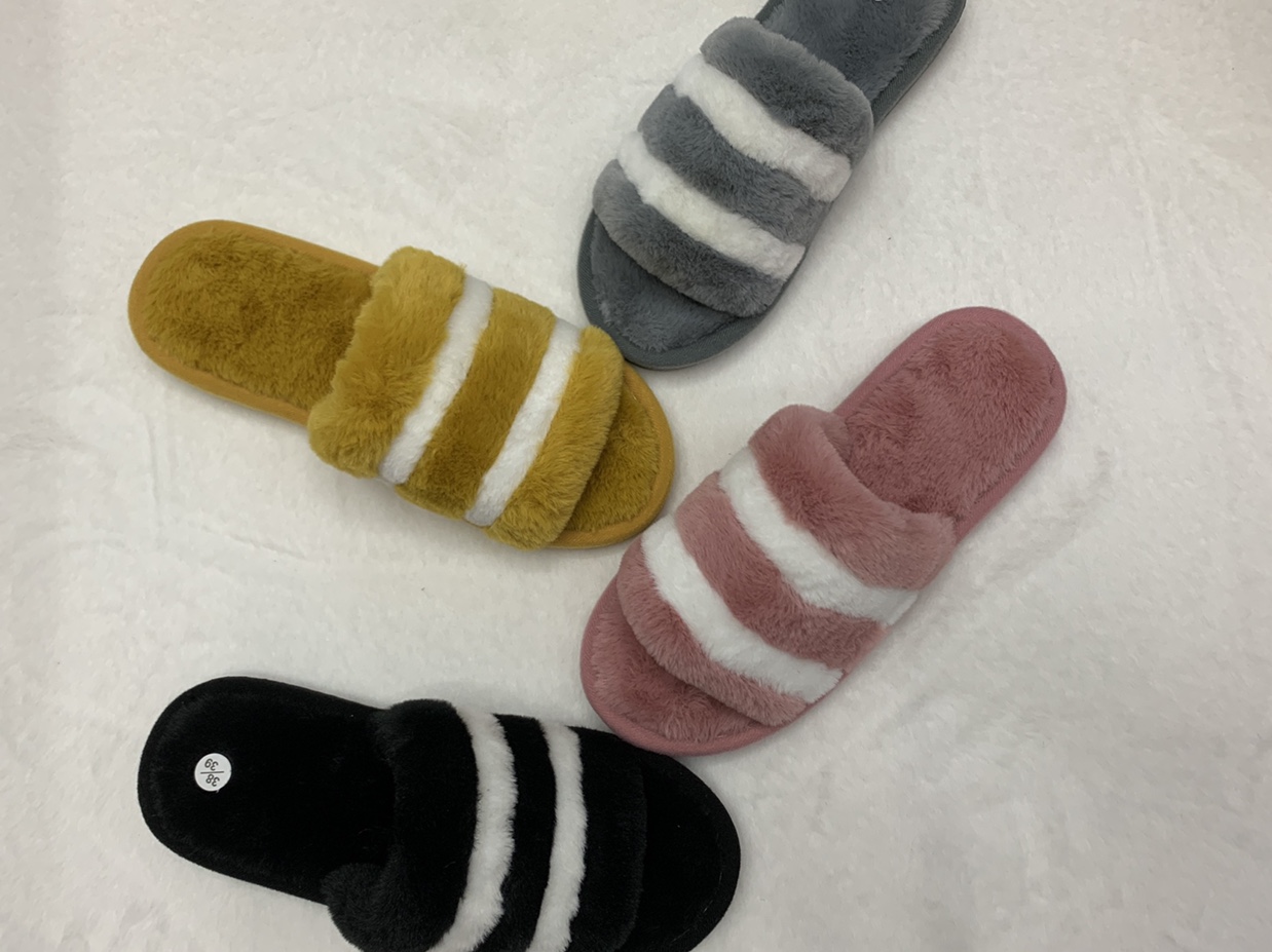 Autumn and winter new one character opens hair slipper female stripe color flat bottom household is indoor skid row Item Picture