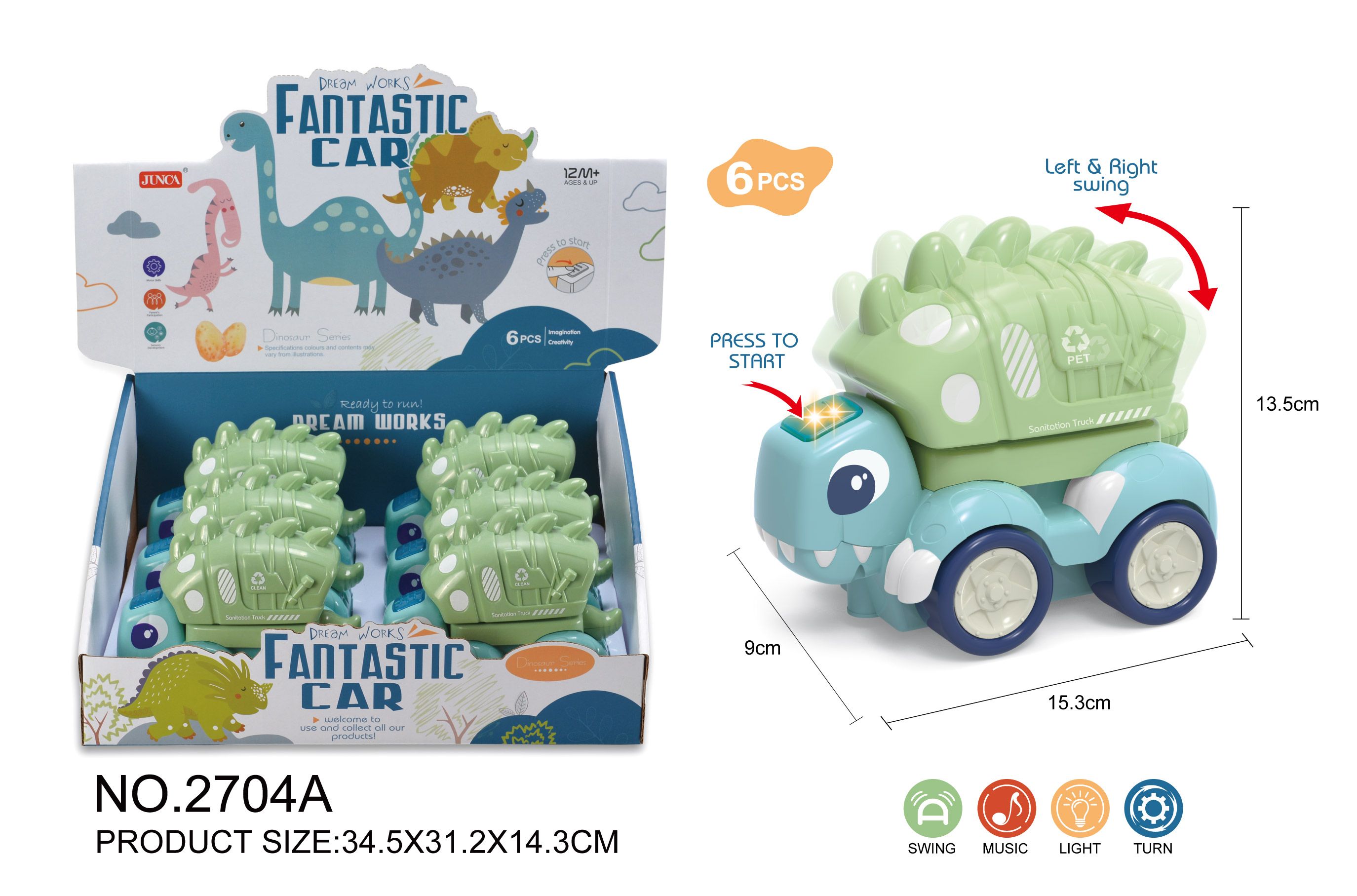 Six display boxes of electric dinosaur sanitation vehicles with lights, music and sea fog blue full figure