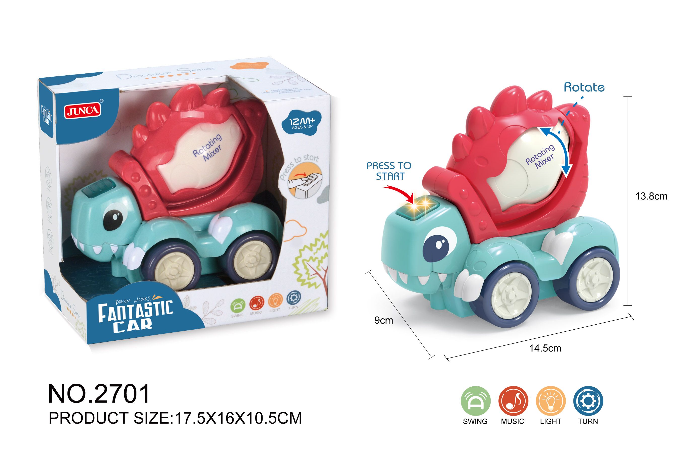 Electric dinosaur mixer truck with lights, music and sea fog blue full figure
