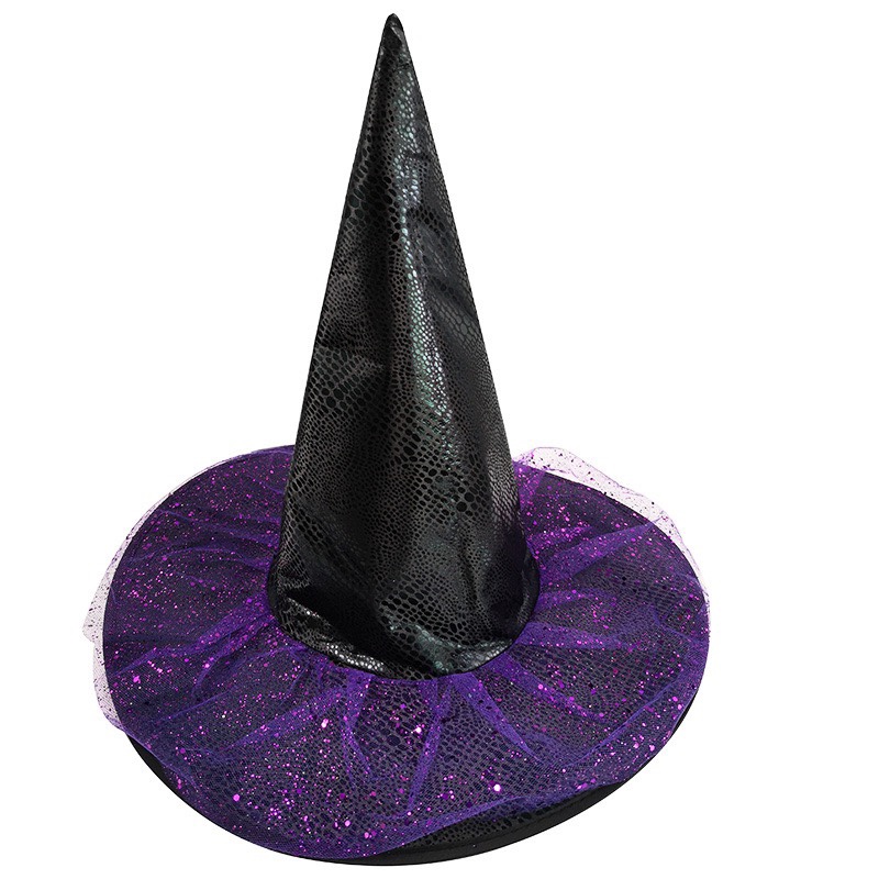 Halloween witch hat, adult dance party costume, leather pointed hat, wig, wizard hat, cosplay witch hat details Picture