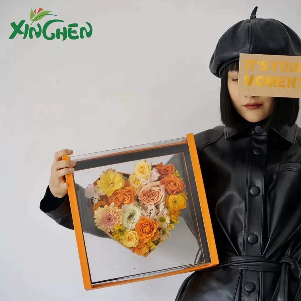 The bouquet display box is orange