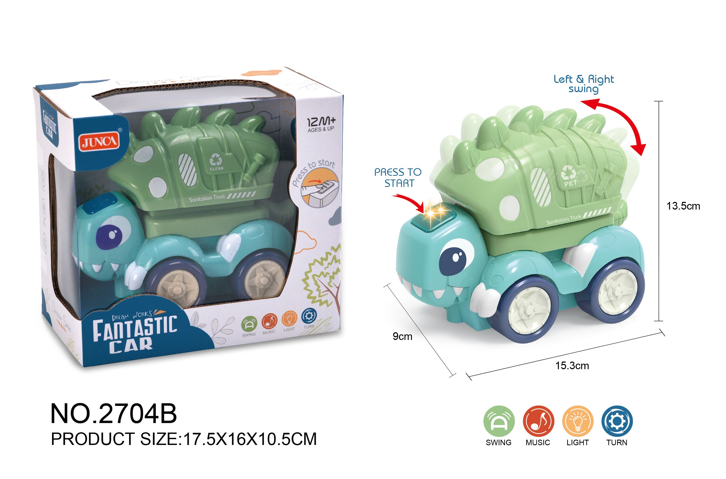 Electric dinosaur sanitation vehicle with lights, music, sea fog blue window box full figure