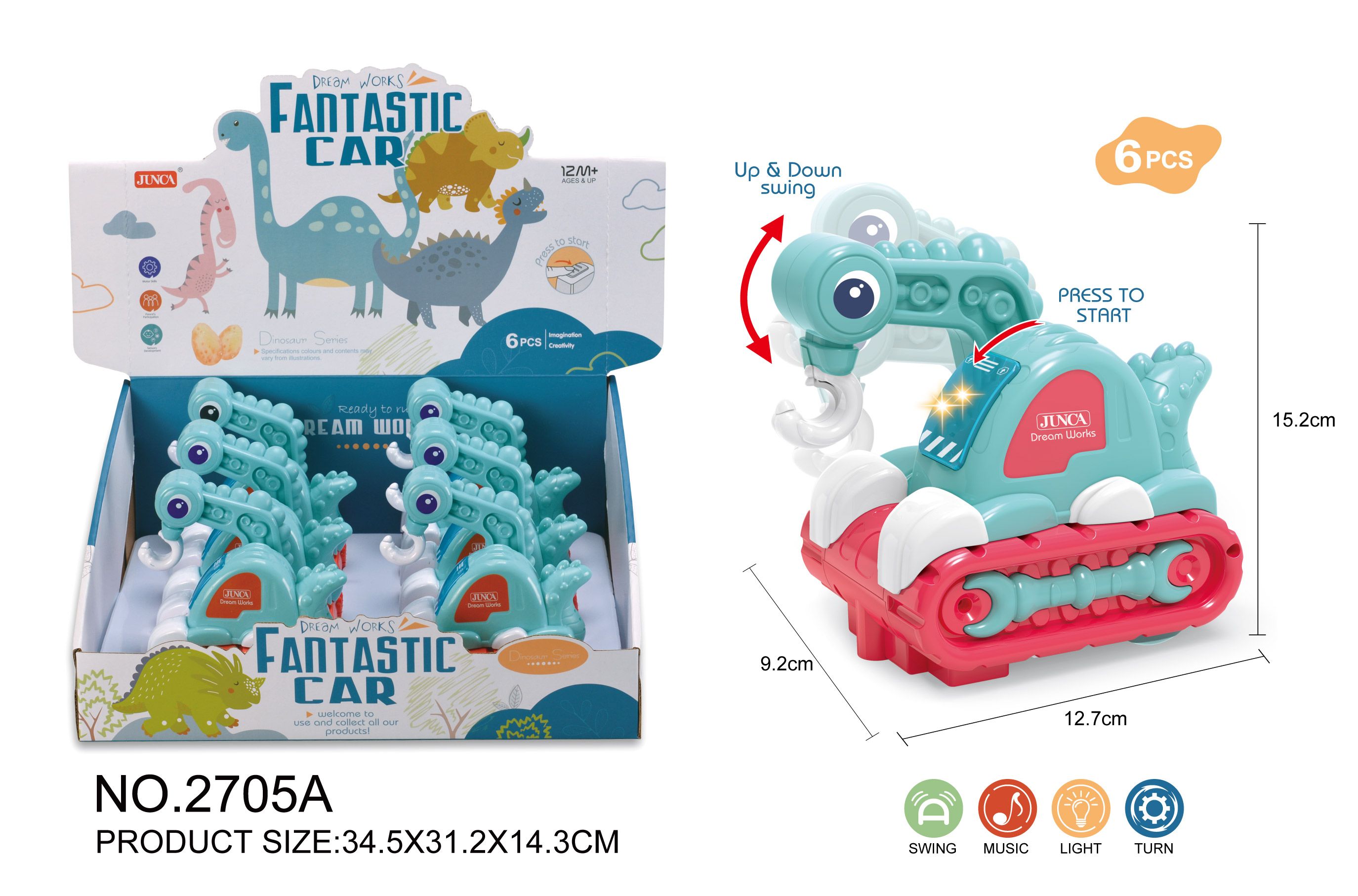Electric dinosaur crane with lights, music, sea fog blue 6 display boxes full figure