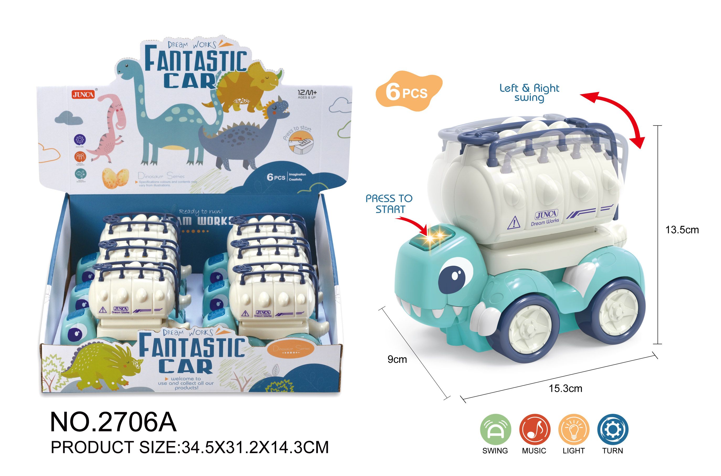 Electric dinosaur oil tanker with light, music and sea fog blue 6 display boxes full figure