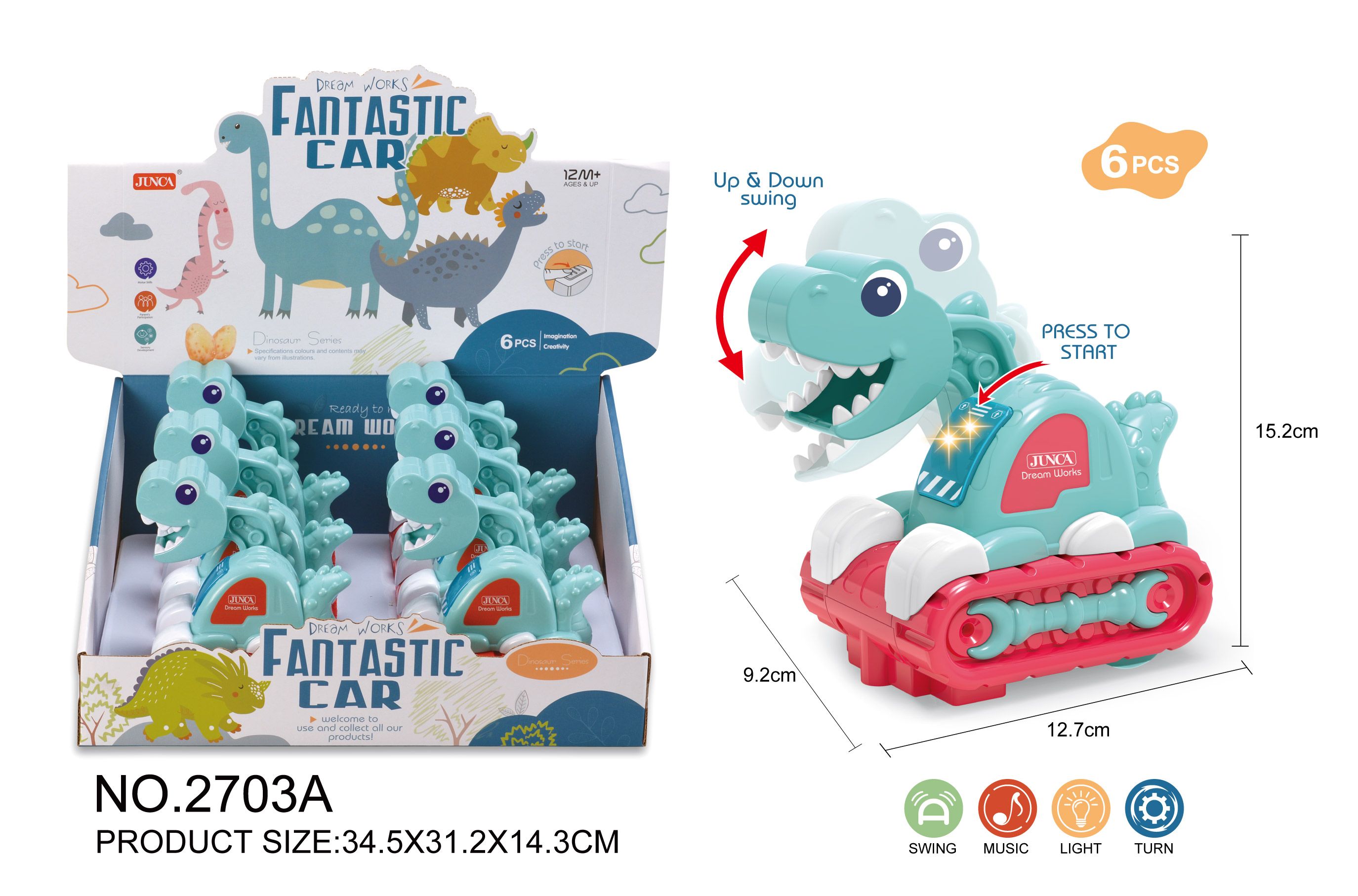 Electric dinosaur excavator with light, music and sea fog blue 6 display boxes full figure