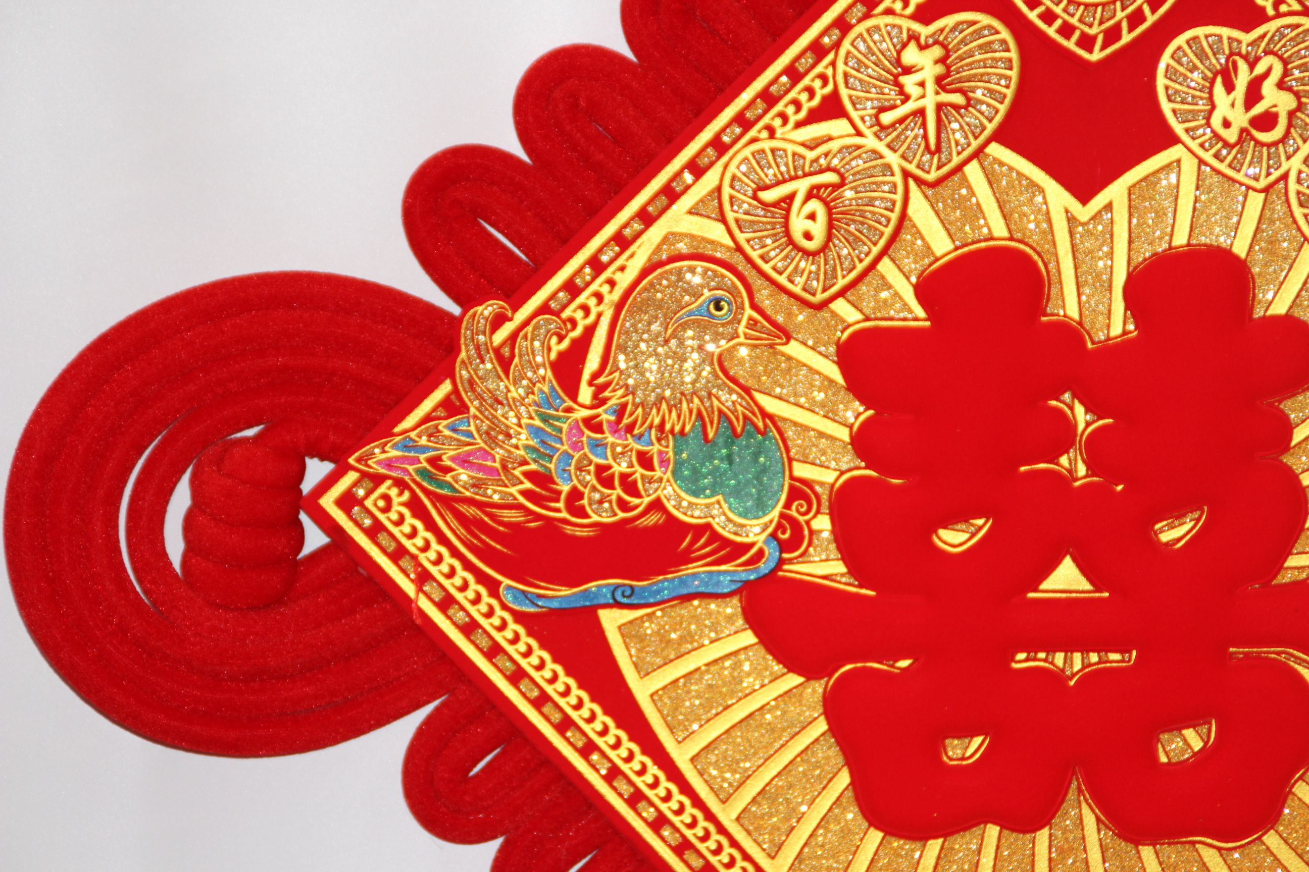 Top natural craft board, Mandarin ducks playing in water, peach heart gilded with auspicious characters, peach heart knot, Chinese knot, new hanging decoration, New Year goods, couplets Specification image