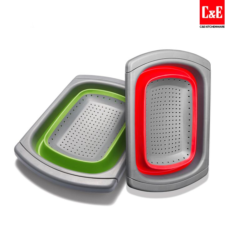 C&E创艺厨具六色系列硅胶方形 沥水篮  洗菜篮水果盘 折叠盆详情图2