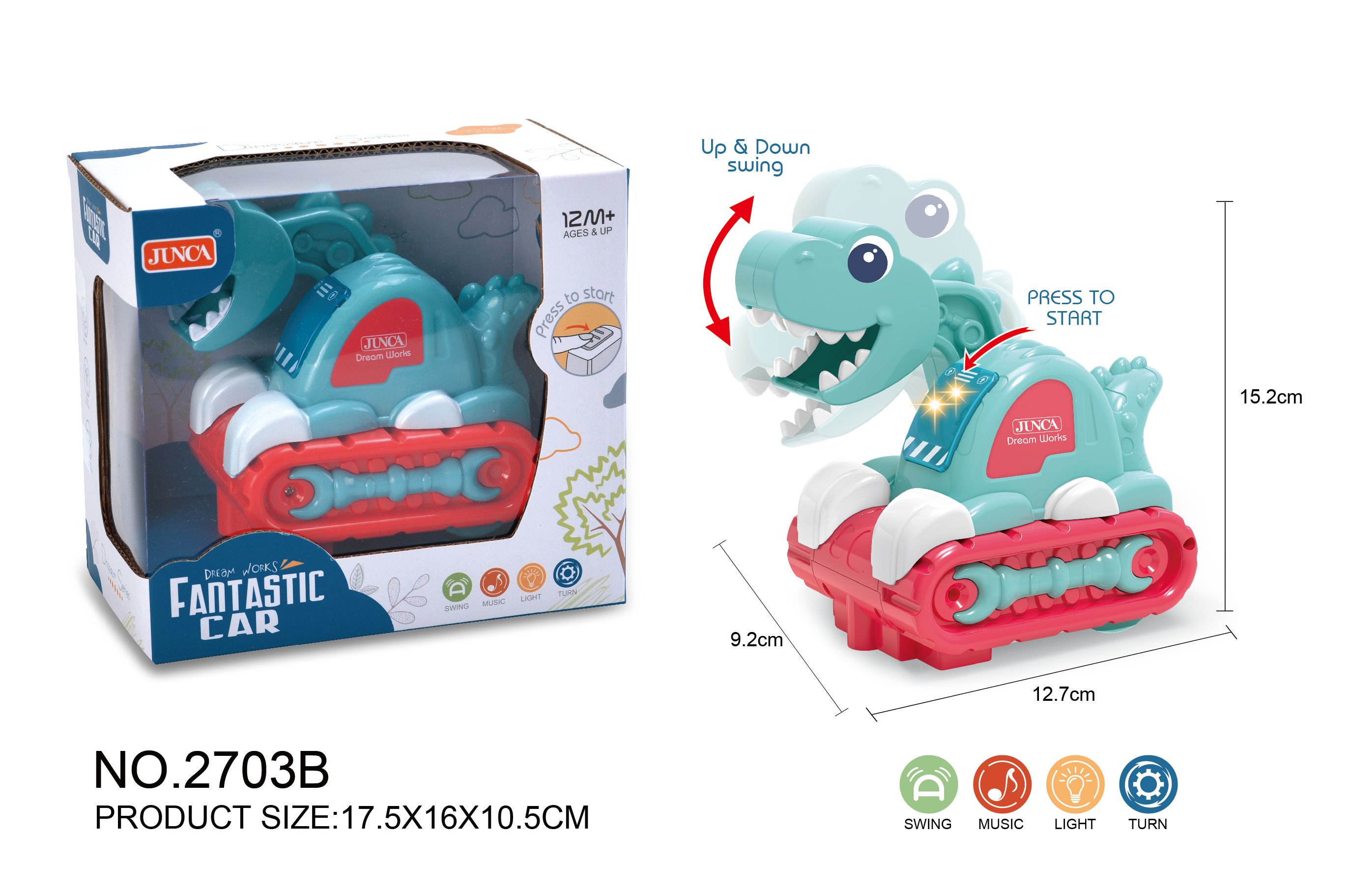 Electric dinosaur excavator with light, music, sea fog and blue window box full figure