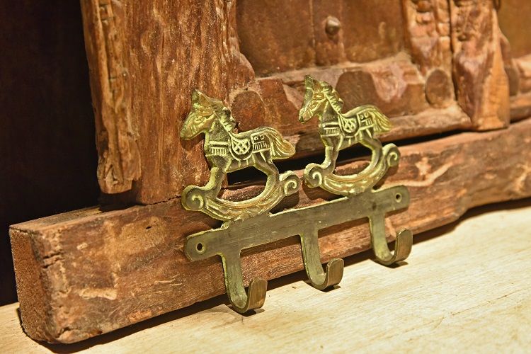 手工三钩双马铜挂钩玄关壁挂墙壁上金属创意挂衣钩印度进口详情图1