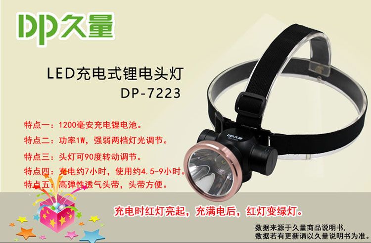 久量DP-7223充电式大功率锂电池头灯/矿灯1200毫安1W产品图
