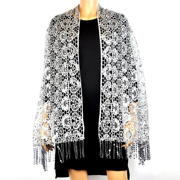 Embroidered shawl sequined shawl long scarf beaded shawl embroidered beaded tassel shawl hollowed-out long scarf half moon flower