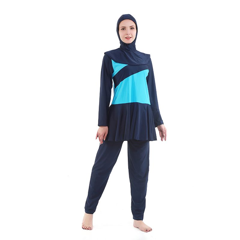 2022新款穆斯林游泳衣女士分体保守三件套拼色耐穿防晒回族泳装长袖长裤阿拉伯伊斯兰泳衣工厂直销Muslim详情2