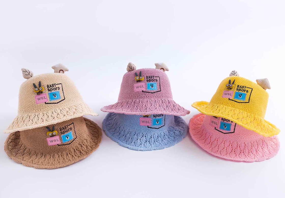 Children's hats: Spring and summer girls' cotton knitted hollowed-out sun hats, boys' cartoon Japanese-style basin hats