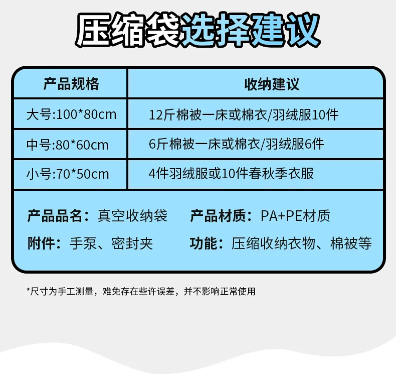 11件套真空压缩袋棉被收纳袋送抽气筒现货供应衣物被子整理收纳袋厂家直销详情图8