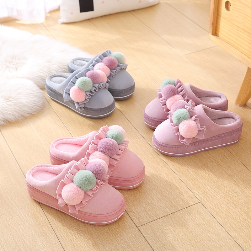 Autumn winter new MAO Qiu women's cotton towing sponge cake waterproof platform outdoor thermal cotton towing plush slippers women details Picture