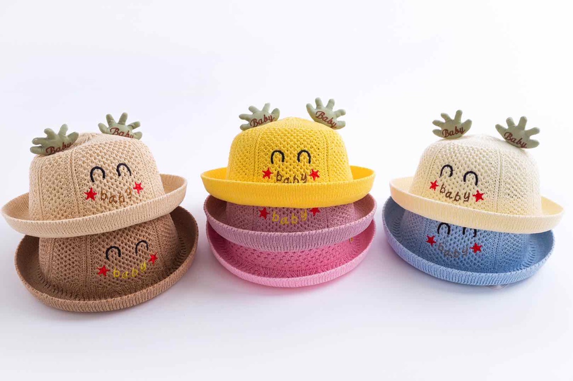 New cotton thread knitted hollowed-out sun hat for children, cartoon Japanese-style basin hat for baby boys