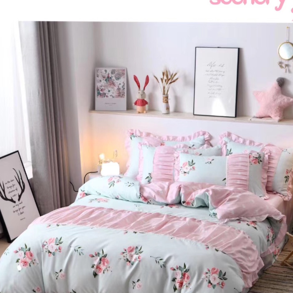 4-piece set of bedding in Korean style, small floral pleated princess version, active brushed texture, street stall economy supermarket, a bestseller for foreign trade! Application Scenario