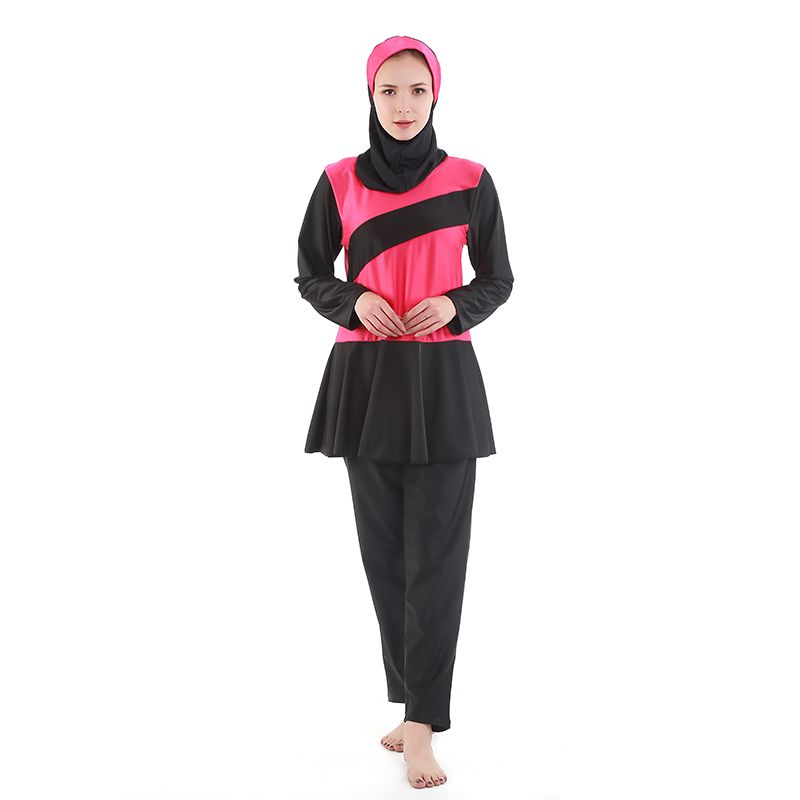 2022新款穆斯林游泳衣女士分体保守三件套拼色耐穿防晒回族泳装长袖长裤阿拉伯伊斯兰泳衣工厂直销Muslim详情3