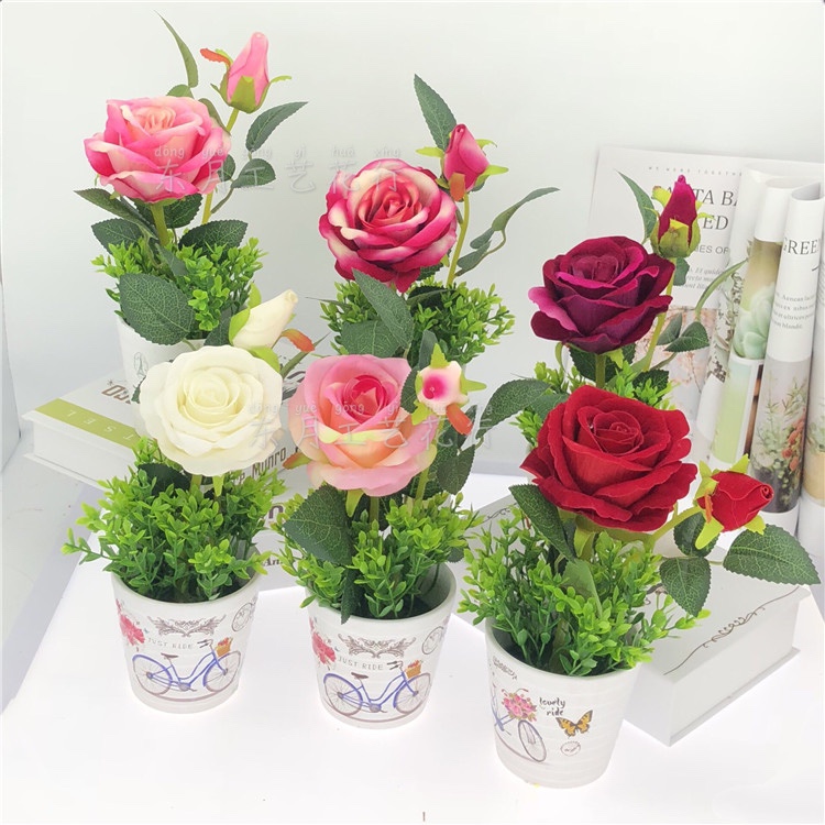 仿真盆景盆栽植物花卉家居装饰品2头中华玫瑰
