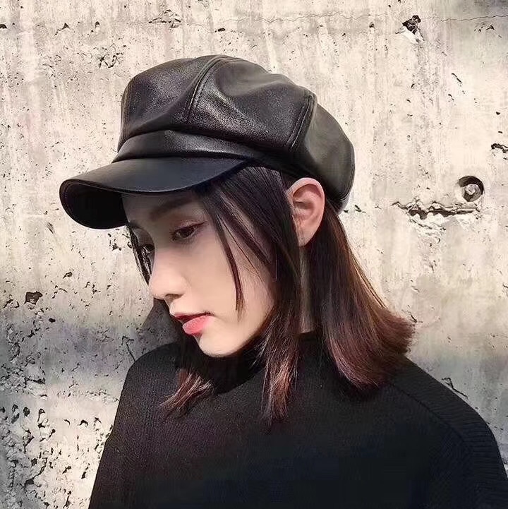pu皮质八角帽子女秋季英伦潮日系韩版秋冬时尚百搭皮帽鸭舌贝雷帽