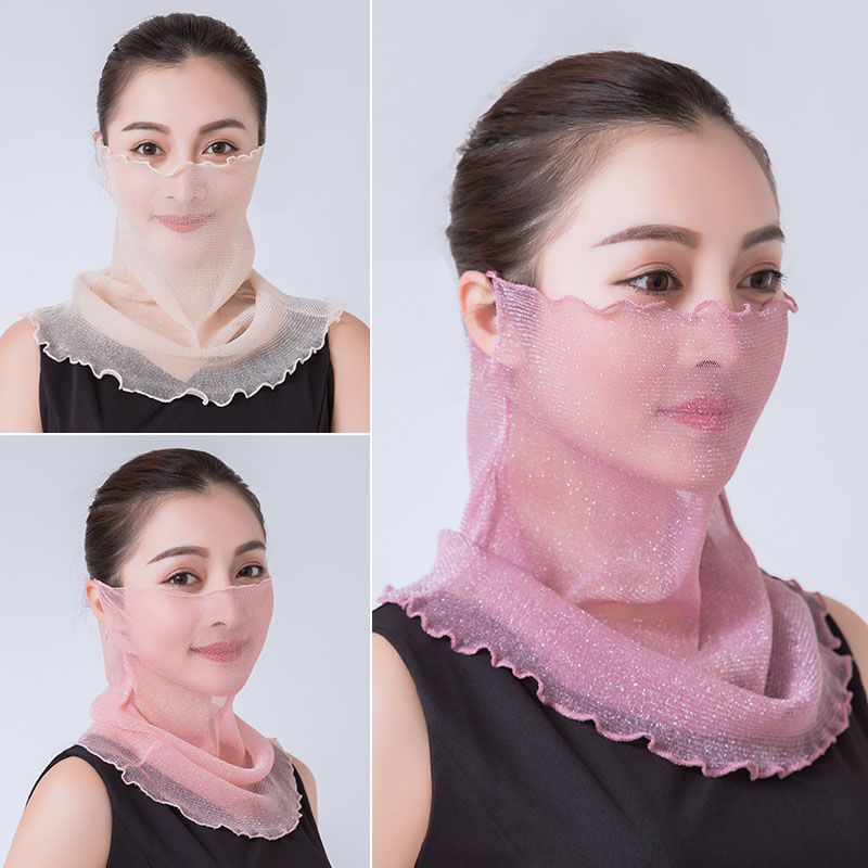 Jane Ai silk edge 2022 new summer thin nailed beads gold mesh cloth bib hanging ear mask riding sunscreen thumbnail
